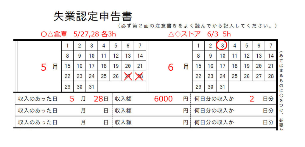 アルバイトを申告する際の失業認定申告書の記入例