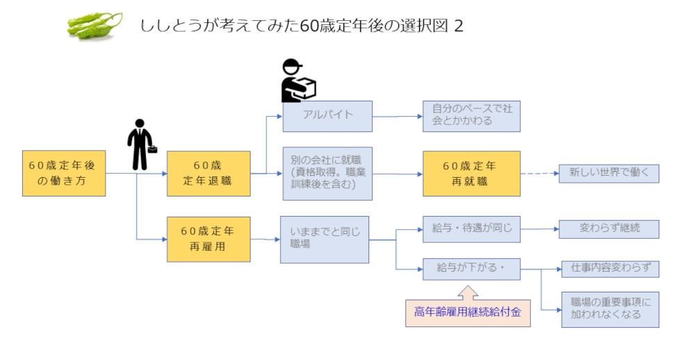 60歳定年退職後の働き方で、再雇用、再就職、アルバイトの選択をした場合の簡単な説明をするフロー図 